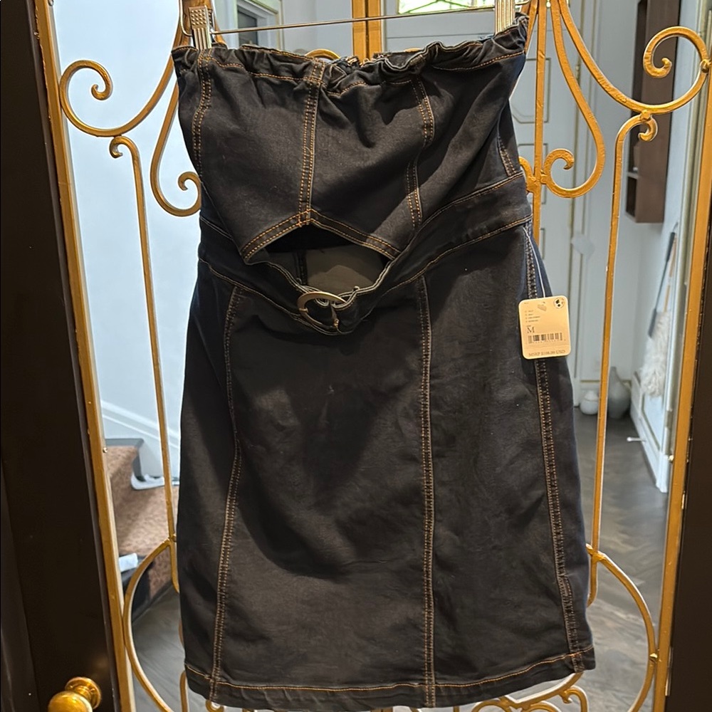 Blue Denim strapless dress free People nwt medium open under bust Strech